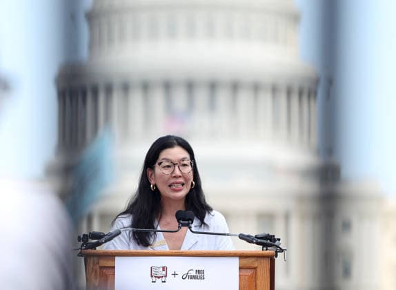 May 20, 2026, Washington, District Of Columbia, USA: President, National Domestic Workers Alliance, Ai-jen Poo, speaks during a Vigil outside the US Capitol calling for an end to child and family detention by ICE, hosted by the Read Them Home Initiative and Free Families Coalition, in Washington, DC, USA, on May 20, 2026. The vigil featured 620 teddy bears and stuffed animals to represent the over 6,200 children arrested by ICE and denied a childhood since the start of the Trump Administration. Washington USA - ZUMAs337 20260520_znp_s337_019 Copyright: xGentxShkullakux