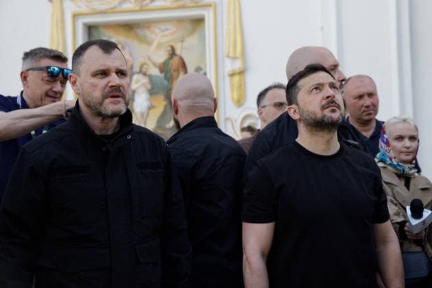 Ukrainian Leaders Visit Kyiv Pechersk Lavra After Russian Attack - Kyiv President of Ukraine Volodymyr Zelenskyy (R) and Minister of Internal Affairs of Ukraine Ihor Klymenko visit the Kyiv Pechersk Lavra, where the roof of the Dormition Cathedral caught fire during a massive Russian combined attack, Kyiv, Ukraine, June 15, 2026. The Russian army launched a large-scale assault on the Ukrainian capital with missiles and strike drones, killing four people and injuring 28, including children and a pregnant woman. At least 140,000 consumers were left without electricity due to damage to power grids. Residential buildings, the Kyiv Pechersk Lavra, the Mystetskyi Arsenal Museum Complex, the Dovzhenko Film Studio, and the building of the High Anti Copyright: xUkrinform ABACAx