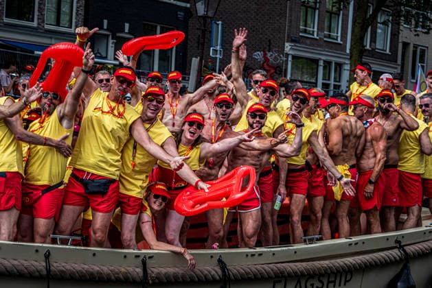August 1, 2026, Amsterdam, North Holland, Netherlands: A group of Canal Parade participants dressed as lifeguards under the name Gaywatch. August 1, 2026, Amsterdam, the Netherlands. Hundreds of thousands of spectators joined the 30th edition of the Pride Canal Parade, the highlight of WorldPride Amsterdam 2026. This yearâ€⠢s parade also included the WorldPride Stadium grandstand, with seating for approximately 10,000 people to watch as floats pass. Amsterdam Netherlands - ZUMAp202 20260801_zip_p202_057 Copyright: xJamesxPetermeierx