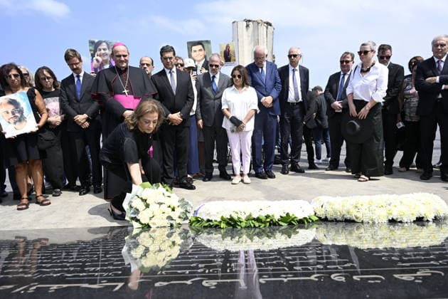 Memorial ceremony held in Lebanon to mark sixth anniversary of Beirut Port explosion BEIRUT, LEBANON - AUGUST 4: People attend a memorial ceremony held in front of the monument bearing the names of those killed in the Aug. 4, 2020 Beirut Port explosion, marking the sixth anniversary of the disaster while holding photos, in Beirut, Lebanon, on August 4, 2026. The ceremony was attended by families of the victims, Lebanese Justice Minister Adel Nassar, Information Minister Paul Markus, Social Affairs Minister Haneen El Sayed, ambassadors of several countries that lost citizens in the explosion, and other members of the diplomatic corps. Houssam Shbaro Anadolu Beirut Lebanon. Editorial use only. Please get in touch for any other usage. Copyright: x2026xAnadoluxHoussamxShbarox