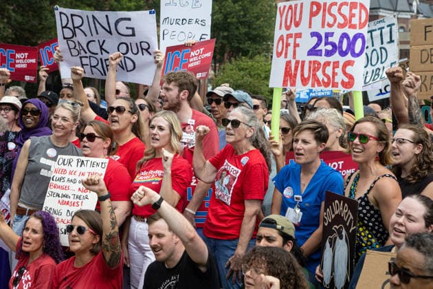 August 5, 2026, Portland, Maine, USA: Members of the Maine State Nurses Association union protest federal Immigration and Customs Enforcement (ICE) on the lawn outside Maine Medical Center, the stateâ€⠢s largest hospital, on Wednesday morning, August 5, 2026. Nurses demanded the release of colleague and medical-surgical nurse, DEBORAH KAPISHA, who was detained by federal officials at Logan Airport in Boston on July 30, 2026. Union members said KAPISHA, originally from Zambia, has federal authorization to work in Maine while awaiting the outcome of her asylum case. In addition to KAPISHAâ€⠢S release, union members demanded their employer, Maine Medical Center, take immediate steps to formally sponsor KAPISHA for permanent residency - ZUMAb349 20260805_znp_b349_001 Copyright: xTroyxR.xBennettx