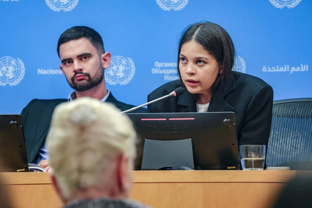August 10, 2026, New York, New York, United States: L-R: KHUAN LEYVA GARSIYA, former Ukrainian prisoner of war and defender of Mariupolâ€⠢s Azovstal steelworks, listens as LENIIE UMEROVA, a Ukrainian Crimean Tatar and former civilian detainee, speaks during a press briefing following a closed UN Security Council Arria-formula meeting at UNHQ. Both shared their experiences of detention by Russian authorities, highlighting the treatment of Ukrainian prisoners of war and civilian detainees, alleged violations of international humanitarian law, and the need for accountability. New York United States - ZUMAo116 20260810_znp_o116_048 Copyright: xBiancaxOterox