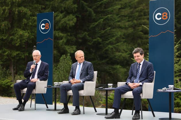First Vice-President of the Senate of the Czech Republic Jiri Drahos, Prime Minister of Poland Donald Tusk, and President of Romania Nicusor Dan (left to right) attend a news conference during the Carpathian 8 Summit in Ivano-Frankivsk region, Ukraine, September 18, 2026. On this day, President of Ukraine Volodymyr Zelenskyy announced the launch of a new format - the Carpathian Eight (C8) - comprising Austria, the Czech Republic, Hungary, Poland, Romania, Serbia, Slovakia, and Ukraine. (Photo by Yurii Rylchuk Ukrinform) Carpathian 8 Summit in western Ukraine Copyright: xYuriixRylchukx