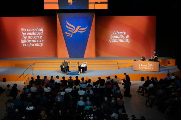 September 20, 2026, Brighton, United Kingdom: Sir ED DAVEY, Liberal Democrat leader, holds a Q&A session moderated by Journalist, Carolyn Quinn (R), on day two of the party s autumn conference at the Brighton Centre.Day two of the Liberal Democrat Autumn Conference at the Brighton Centre. The event runs from 19 Sept to 22 Sept 2026, bringing together party members, MPs, and delegates to debate policy, vote on key motions, and deliver keynote addresses Brighton United Kingdom - ZUMAs197 20260920_aaa_s197_158 Copyright: xPhilxLewisx