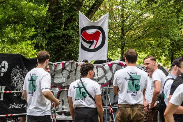 September 20, 2026, Munich, Bavaria, Germany: Coinciding with Oktoberfest, a group of right-extremists from the Identitaere Bewegung held a rally under the Banner of the Save Europe Act which includes, according to them, guidelines for the so-called Remigration. Some members discussed Remigration to include non-native born Germans, as they feel they can never be German, even if they hit all integration points. Critics in Germany see it as eyebrow-raising that the Identitaere leader, Martin Sellner, is an Austrian that is essentially making German policy and can play a greater role in government should the AfD take power. Munich Germany - ZUMAb160 20260920_abp_b160_020 Copyright: xSachellexBabbarx