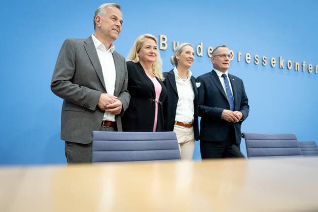 Bundespressekonferenz, AfD Berlin, BPK, AfD, Wahlen, Mecklenburg-Vorpommern, Alice Weidel, Bundessprecherin, Tino Chrupalla, Bundessprecher, Kristin Brinker, Spitzenkandidatin, Spitzenkandidat, Leif-Erik Holm Berlin Berlin GER