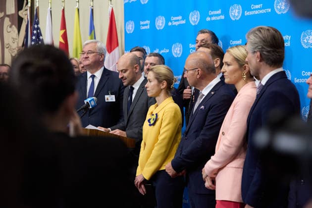September 23, 2026, New York, New York, USA: Jean-Noel Barrot, Minister for Europe and Foreign Affairs of France, speaks during a joint press encounter on Ukraine, flanked by Andrii Sybiha (L), Minister for Foreign Affairs of Ukraine, and Kaja Kallas (R), High Representative of the European Union for Foreign Affairs and Security Policy, at United Nations headquarters in New York City. New York USA - ZUMAs237 20260923_aap_s237_007 Copyright: xMarkxJ.xSullivanx
