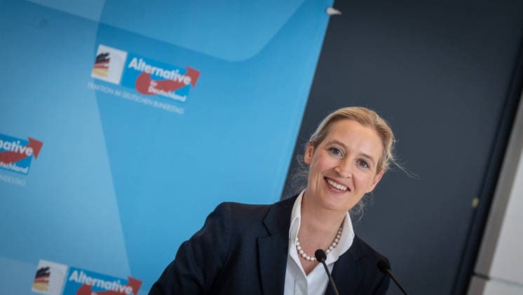 Alice Weidel, AfD-Partei- und Fraktionsvorsitzende;Pressestatement der beiden Parteivorsitzenden und Fraktionsvorsitzenden der AfD vor Beginn der Fraktionssitzung im Deutschen Bundestag, Berlin Berlin Deutschland Bundestag