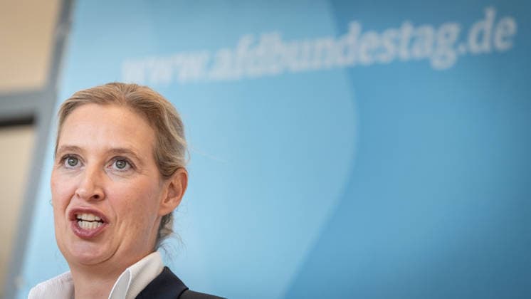 Alice Weidel, AfD-Partei- und Fraktionsvorsitzende;Pressestatement der beiden Parteivorsitzenden und Fraktionsvorsitzenden der AfD vor Beginn der Fraktionssitzung im Deutschen Bundestag, Berlin Berlin Deutschland Bundestag