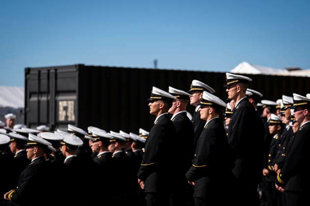 Members of the Navy listen during an event at Tradepoint Atlantic in Sparrows Point, Maryland on Tuesday, Oct. 6, 2026. Anduril is in advanced talks to build an autonomous surface-vessel factory at Tradepoint Atlantic, which would give the company an East Coast hub alongside its Foss Maritime shipyard in Seattle and undersea-vehicle factory at Quonset Business Park in Rhode Island. BAL20261006106 AlxDrago