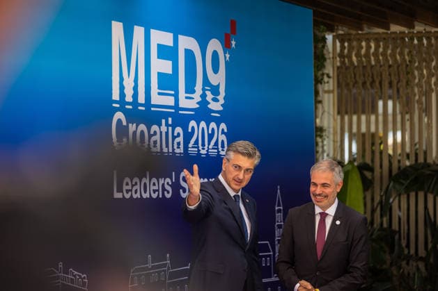 EU MED9 Prime Minister of Croatia Andrej Plenkovic welcomes Spanish Secretary of State for the European Union Fernando Sampedro for EU MED9 summit at Split, Croatia on October 7, 2026. ZvonimirxBarisin PIXSELL