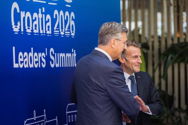 EU MED9 Prime Minister of Croatia Andrej Plenkovic welcomes President of France Emmanuel Macron for EU MED9 summit at Split, Croatia on October 7, 2026. ZvonimirxBarisin PIXSELL