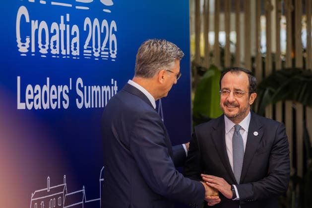 EU MED9 Prime Minister of Croatia Andrej Plenkovic welcomes President of Republic of Cyprus Nikos Christodoulides for EU MED9 summit at Split, Croatia on October 7, 2026. ZvonimirxBarisin PIXSELL