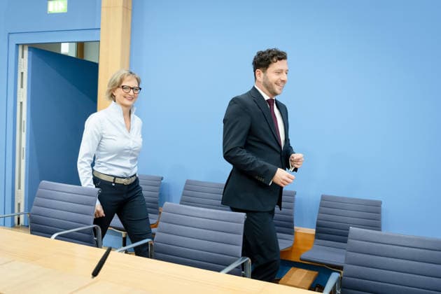 BPK, Bündnis90 Die Grünen, Franziska Brantner, Felix Banaszak Berlin, BPK, Vorstellung des Leitantrages Unser Plan für Deutschland , Franziska Brantner, Bundesvorsitzende, Felix Banaszak, Bundesvorsitzender, Bündnis90 Die Grünen Berlin Berlin GER