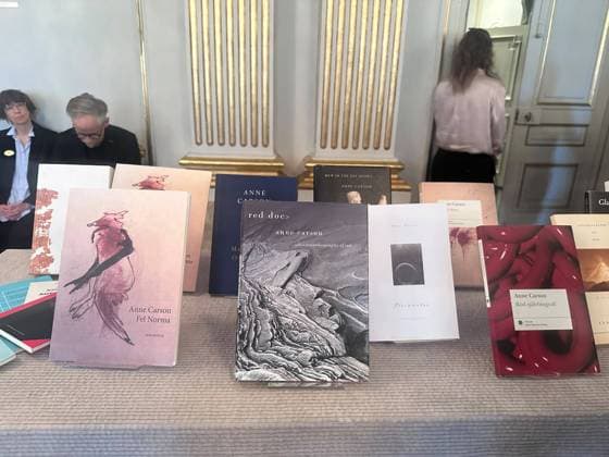 2026 Nobel Prize in Literature awarded to Canadian writer Anne Carson STOCKHOLM, SWEDEN - OCTOBER 08: Books by Canadian writer and poet Anne Carson are displayed during a press conference announcing the winner of the 2026 Nobel Prize in Literature at the Swedish Academy in Stockholm, Sweden, on October 08, 2026. The prize is awarded to 76-year-old Carson for her bold and inventive body of work, which has created new forms for contemporary literature through a playful dialogue with the classical tradition. Atila Altuntas Anadolu Stockholm Sweden. Editorial use only. Please get in touch for any other usage. Copyright: x2026xAnadoluxAtilaxAltuntasx