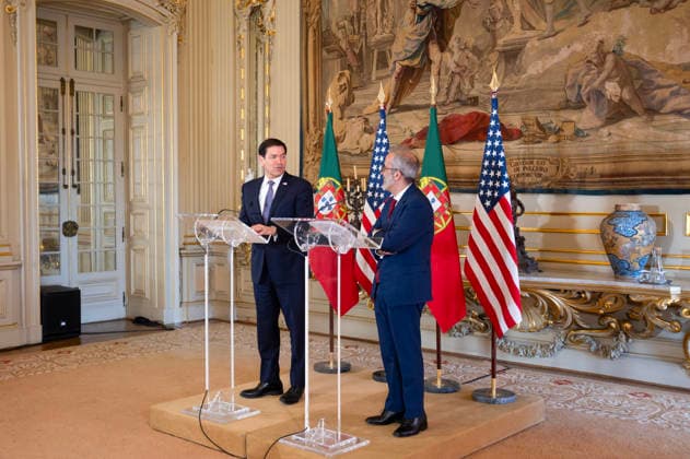 October 8, 2026, Lisbon, Lisbon, Portugal: U.S. Secretary of State MARCO RUBIO, left, speaks during a joint press conference with Portuguese Foreign Minister PAULO RANGEL at Palacio das Necessidades in Lisbon, Portugal, on October 8, 2026. The media appearance followed their bilateral meeting during RUBIO s visit to advance defense, economic and technology cooperation. Lisbon Portugal - ZUMAr238 20261008_zip_r238_023 Copyright: xRicardoxRochax