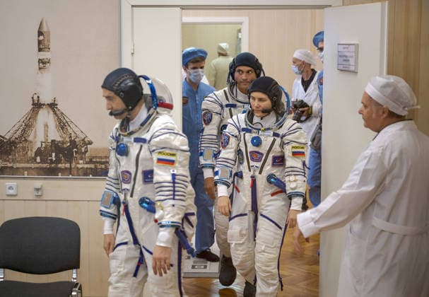 October 8, 2026, Baikonur, Kazakhstan: Baikonur, Kazakhstan. 14 July, 2026. Roscosmos cosmonauts Pyotr Dubrov, foreground, and Anna Kikina and NASA astronaut Anil Menon prepare for Sokol suit pressure checks at the Baikonur Cosmodrome, July 14, 2026 in Baikonur, Kazakhstan. The crew launched to the International Space Station later that day. Baikonur Kazakhstan - ZUMAp138 20261008_zaa_p138_018 Copyright: xBillxIngalls Nasax