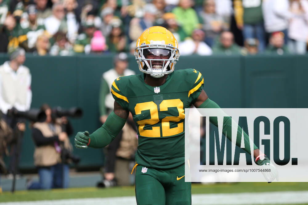 GREEN BAY, WI - OCTOBER 24: Green Bay Packers cornerback Shemar Jean-Charles (22) celebrates a special teams play during a game between the Green Bay Packers and the Washington Football Team at Lambeau Field on October 24, 2021 in Green Bay, WI. (Photo by Larry Radloff Icon Sportswire) NFL, American Football Herren, USA OCT 24 Washington Football Team at Packers Icon2110244399