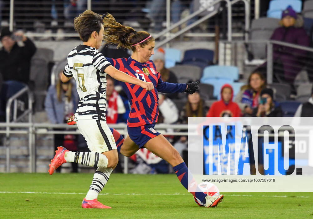 SAINT PAUL, MN - OCTOBER 26: United States forward Alex Morgan (13) takes a shot on goal as Korean Republic defender Seonjoo Lim (6) defends during the second half of a friendly soccer match between Korea Republic and the United States on Oct 26, 2021 at Allianz Field in Saint Paul, MN. (Photo by Nick Wosika Icon Sportswire) SOCCER: OCT 26 Women s - USA v Korea Icon2021102617