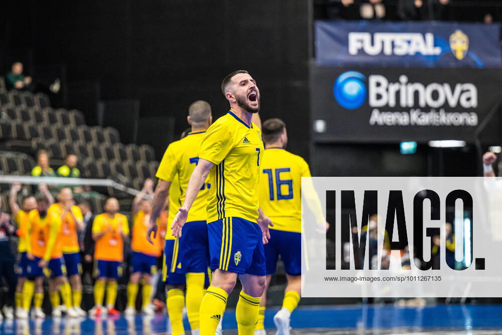 Fehim Smajlovic of Sweden celebrates during the men s World Cup Qualifier futsal match between Albania and Sweden on April 12, 2022 in Karlskrona. Photo: Magnus Lejhall BILDBYRAN COP 214 MH0065 futsal landslaget kval qualifying round qualification albanien sverige national team, Nationalteam albania sweden bbeng celebrate jubel