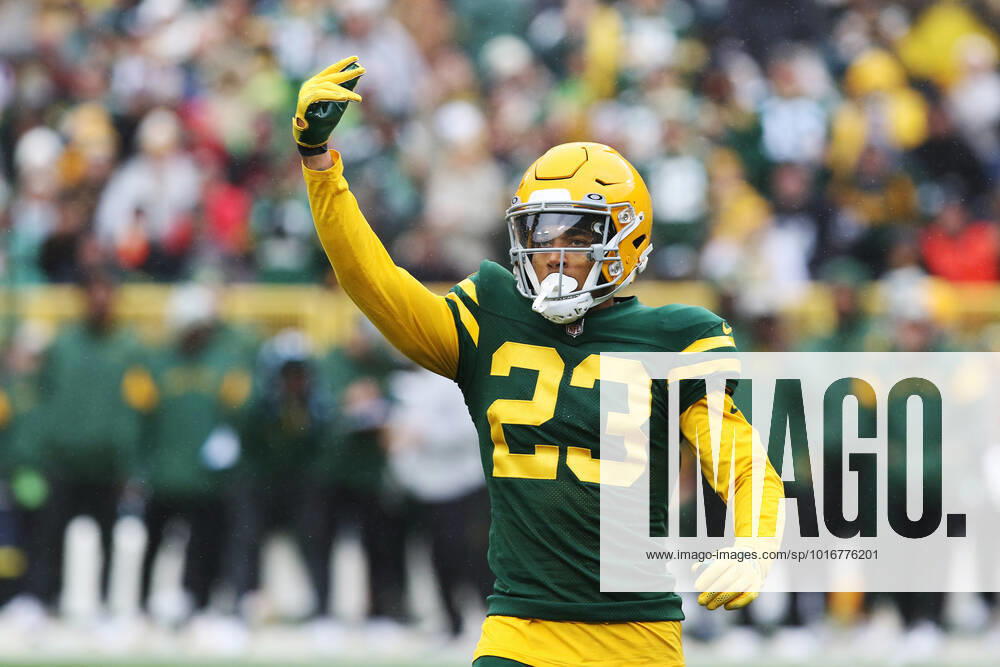 GREEN BAY, WI - OCTOBER 16: Green Bay Packers cornerback Jaire Alexander (23) reacts during a game between the Green Bay Packers and the New York Jets at Lambeau Field on October 16, 2022 in Green Bay, WI. (Photo by Larry Radloff Icon Sportswire) NFL, American Football Herren, USA OCT 16 Jets at Packers Icon2210161358