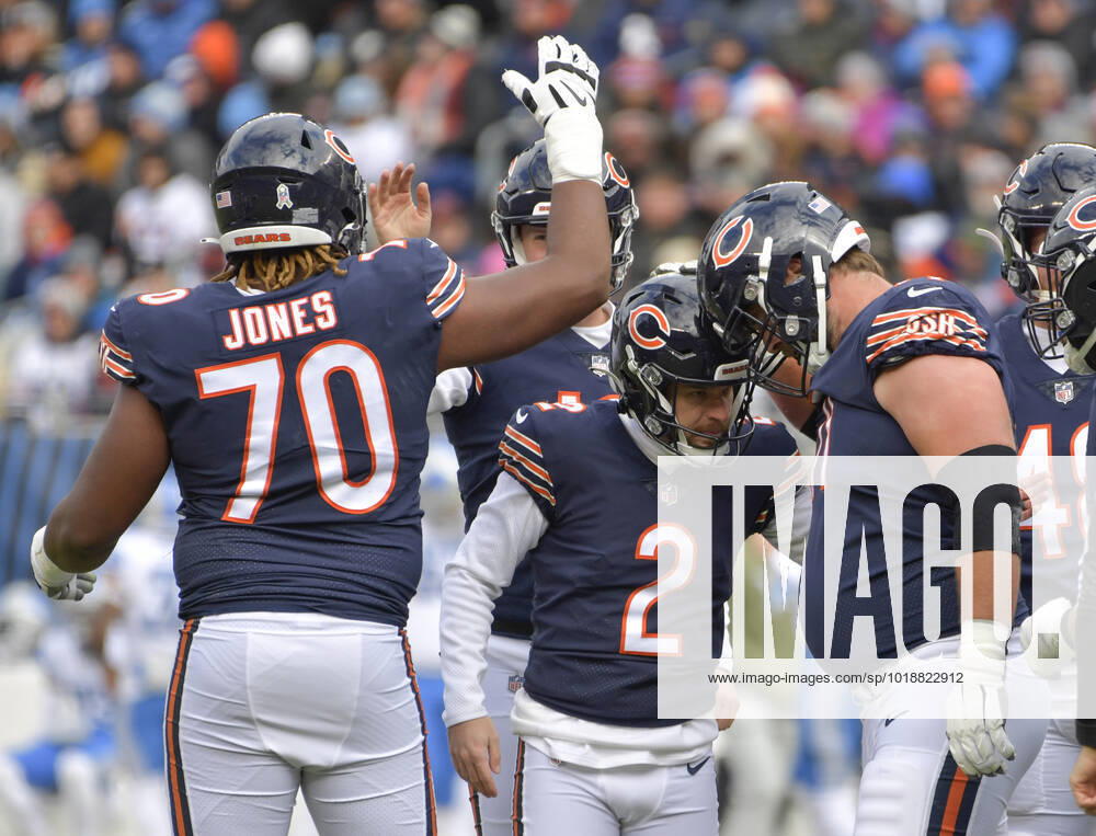 Chicago Bears place kicker Cairo Santos (2) celebrates a first quarter field goal against the Detroit Lions at Soldier Field in Chicago on Sunday, November 13, 2022. The Lions won 31-30. CHI20221113123 MARKxBLACK
