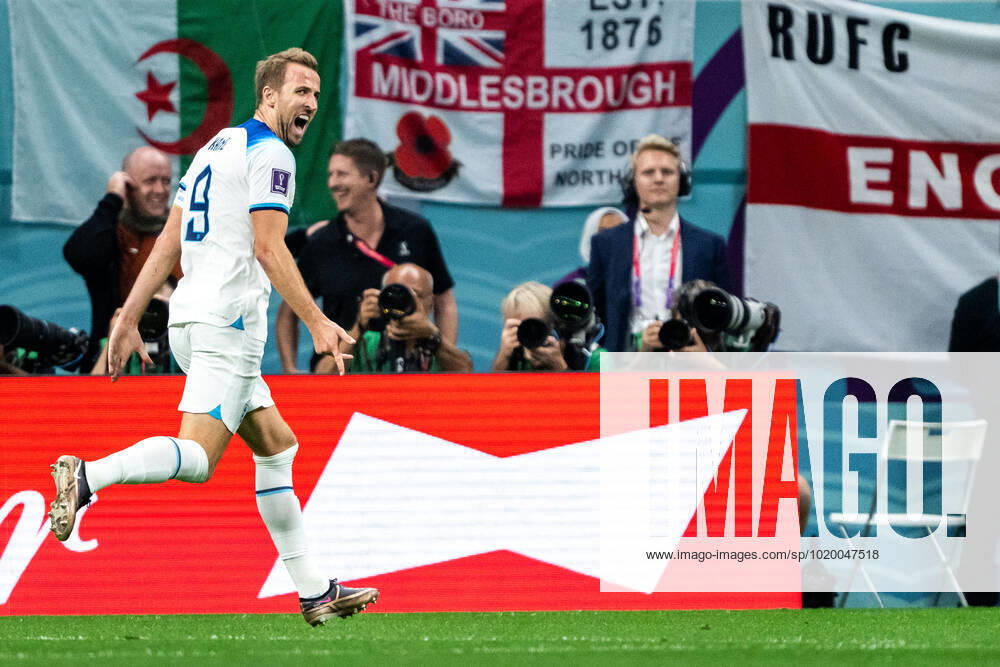 Harry Kane of England celebrates scoring 2-0 during the FIFA World Cup, WM, Weltmeisterschaft, Fussball 2022 round of 16 football match between England and Senegal on December 4, 2022 in Doha. Photo: Joel Marklund BILDBYRAN kod JM JM0403 bbeng fotboll football soccer fotball vm fotbolls-vm fotball-vm fotbolls-vm 2022 fifa world cup 2022 attondelsfinal round of 16 england senegal jubel