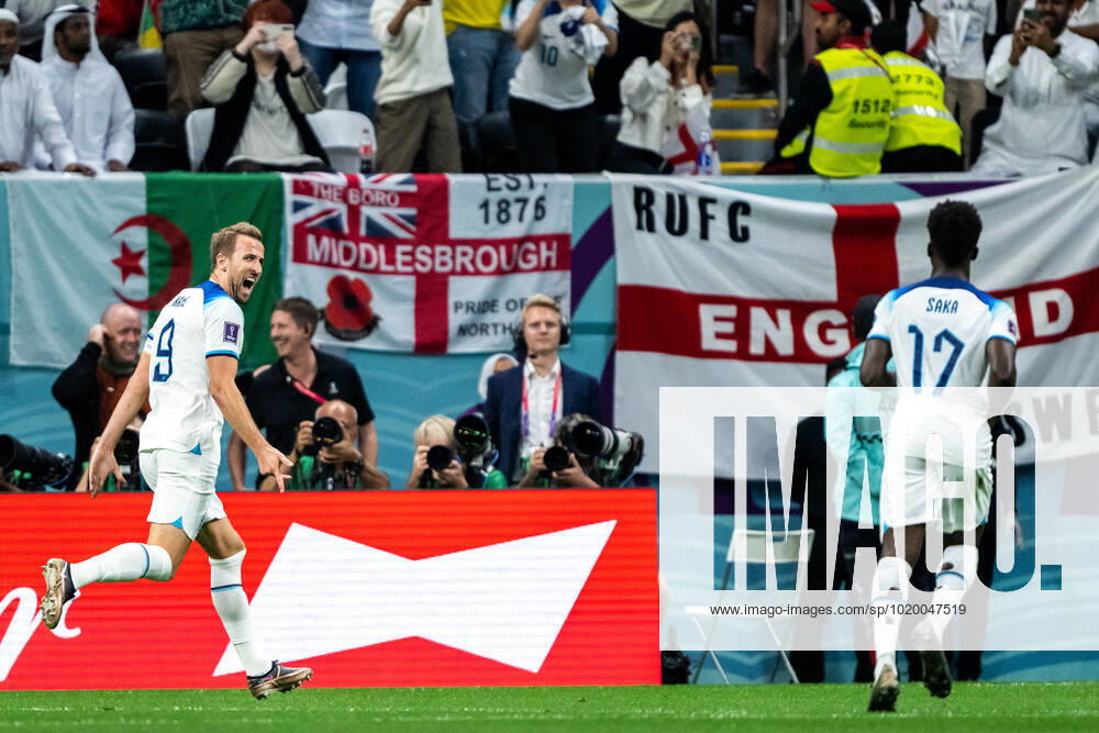 Harry Kane of England celebrates scoring 2-0 during the FIFA World Cup, WM, Weltmeisterschaft, Fussball 2022 round of 16 football match between England and Senegal on December 4, 2022 in Doha. Photo: Joel Marklund BILDBYRAN kod JM JM0403 bbeng fotboll football soccer fotball vm fotbolls-vm fotball-vm fotbolls-vm 2022 fifa world cup 2022 attondelsfinal round of 16 england senegal jubel