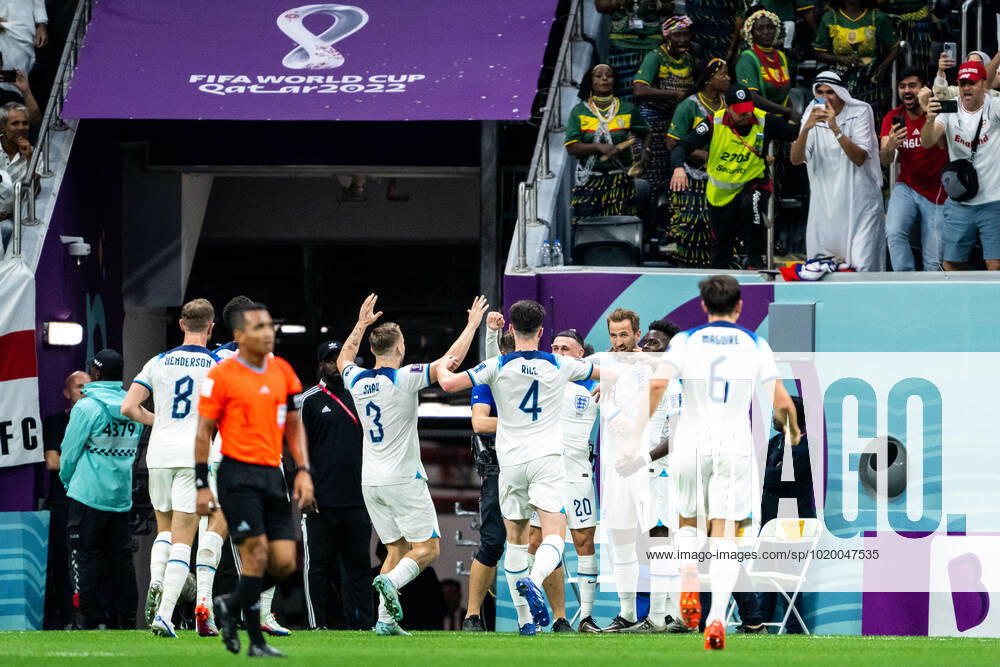 Harry Kane of England celebrates scoring 2-0 with teammates during the FIFA World Cup, WM, Weltmeisterschaft, Fussball 2022 round of 16 football match between England and Senegal on December 4, 2022 in Doha. Photo: Joel Marklund BILDBYRAN kod JM JM0403 bbeng fotboll football soccer fotball vm fotbolls-vm fotball-vm fotbolls-vm 2022 fifa world cup 2022 attondelsfinal round of 16 england senegal jubel