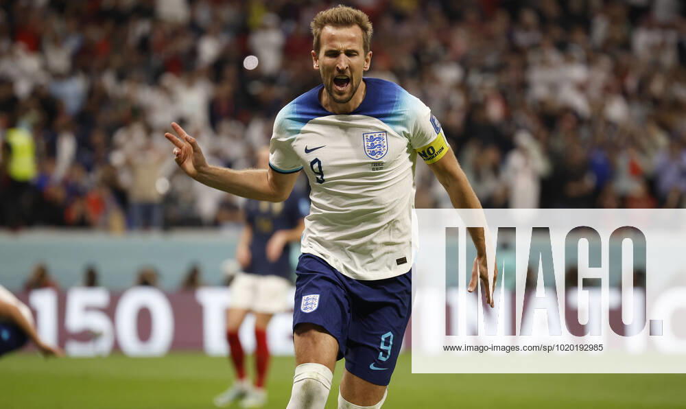 Harry Kane of England celebrates after scoring during the FIFA World Cup, WM, Weltmeisterschaft, Fussball quarters finals soccer match between England and France at Al Bayt stadium in Al Khor, Qatar, 10 December 2022. World Cup 2022: England vs. France !ACHTUNG: NUR REDAKTIONELLE NUTZUNG!