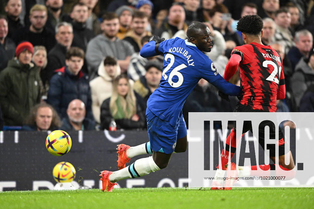 Chelsea v Bournemouth Premier League 27 12 2022. AFC Bournemouth midfielder Philip Billing (29) makes a tackle on Chelsea defender Kalidou Koulibaly (26) during the Premier League match between Chelsea and Bournemouth at Stamford Bridge, London, England on 27 December 2022. London Stamford Bridge Greater London England Editorial use only DataCo restrictions apply See www.football-dataco.com ,