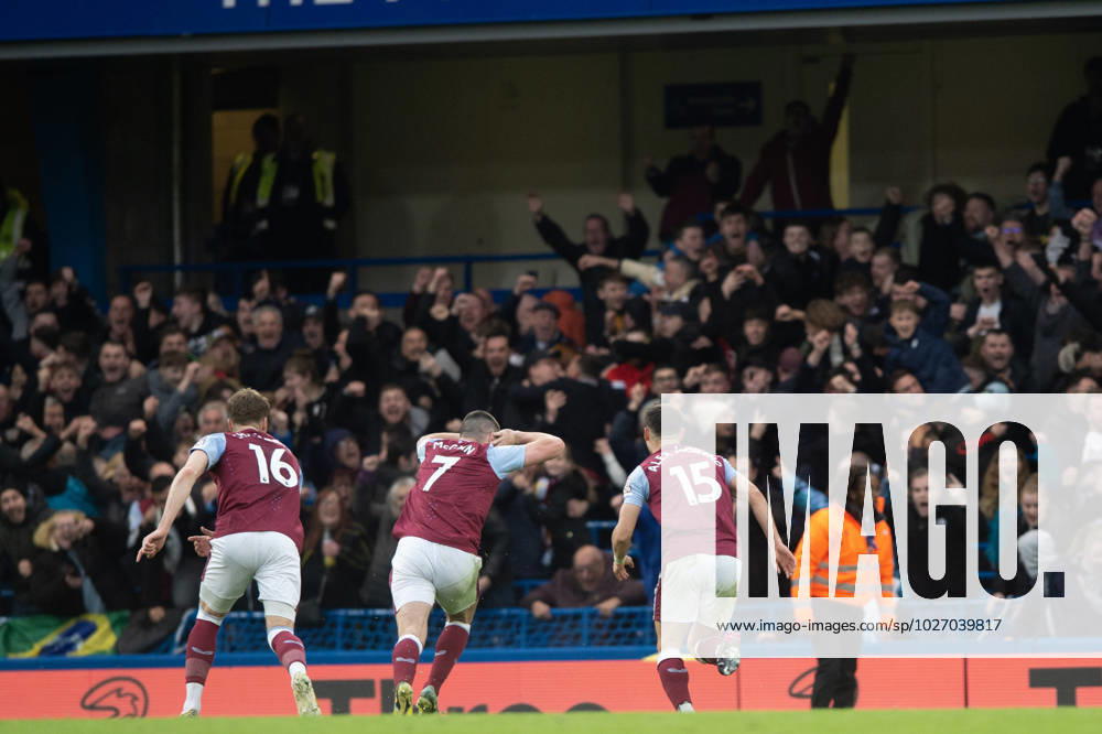 John McGinn of Aston Villa celebrates scoring his goal during the Premier League match between Chelsea and Aston Villa at Stamford Bridge, London, England on 1 April 2023.