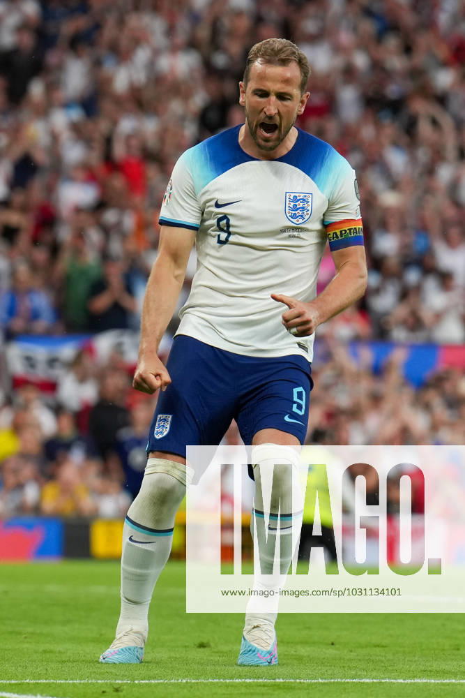 Harry Kane (9) of England celebrates after he scores his second goal (Penalty) during the UEFA EURO, EM, Europameisterschaft,Fussball Group C Qualifiers match between England and North Macedonia at Old Trafford, Manchester, England on 19 June 2023.
