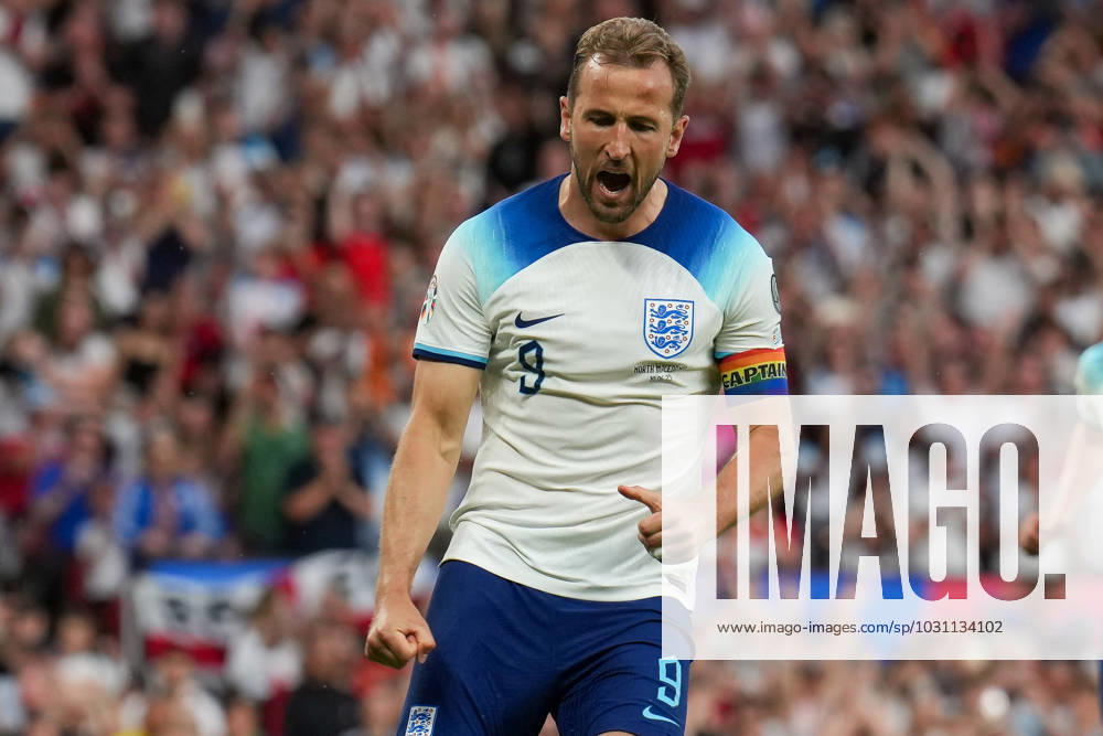 Harry Kane (9) of England celebrates after he scores his second goal (Penalty) during the UEFA EURO, EM, Europameisterschaft,Fussball Group C Qualifiers match between England and North Macedonia at Old Trafford, Manchester, England on 19 June 2023.