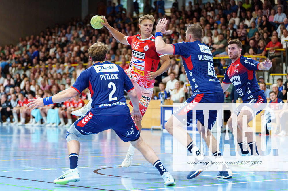 Simon Pytlick (SG Flensburg-Handewitt, 02), Einar Nickelsen (VfL Luebeck-Schwartau, 42), Blaz Blagotinsek (SG Flensburg-Handewitt, 43), Johannes Golla (SG Flensburg-Handewitt, 04) VfL Luebeck-Schwartau vs. SG Flensburg-Handewitt, Handball, Testspiel, Saison 2023 2024, 26.07.2023 VfL Luebeck-Schwartau vs. SG Flensburg-Handewitt, Handball, Testspiel, Saison 2023 2024, 26.07.2023 Luebeck