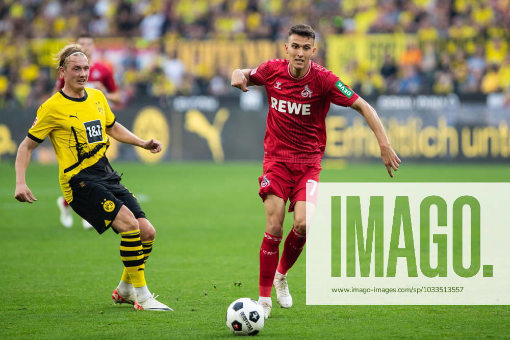 1.Bundesliga, 1.Spieltag: Borussia Dortmund - 1.FC Koeln, Dortmund, Signal Iduna Park, 19.08.2023 Zweikampf Dejan Ljubicic (1. FC Koeln, 7), Julian Brandt (Borussia Dortmund, 19) 1.Bundesliga, 1.Spieltag: Borussia Dortmund - 1.FC Koeln, Dortmund, Signal Iduna Park, 19.08.2023 DFL Regulations prohibit any of use of photographs as image sequences and quasi video