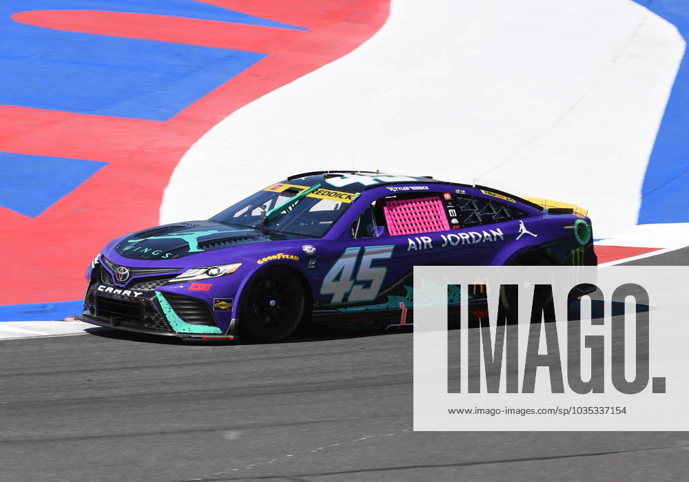 CHARLOTTE, NC - OCTOBER 07: Tyler Reddick ( 45 23XI Racing Jordan Brand Toyota) races through Turn 4 during practice for the NASCAR, Motorsport, USA Cup Series Playoff Bank of America ROVAL 400 on October 07, 2023, at Charlotte Motor Speedway in Concord, NC. (Photo by Jeffrey Vest Icon Sportswire) AUTO: OCT 07 NASCAR Cup Series Playoff Bank of America ROVAL 400 Icon231007841