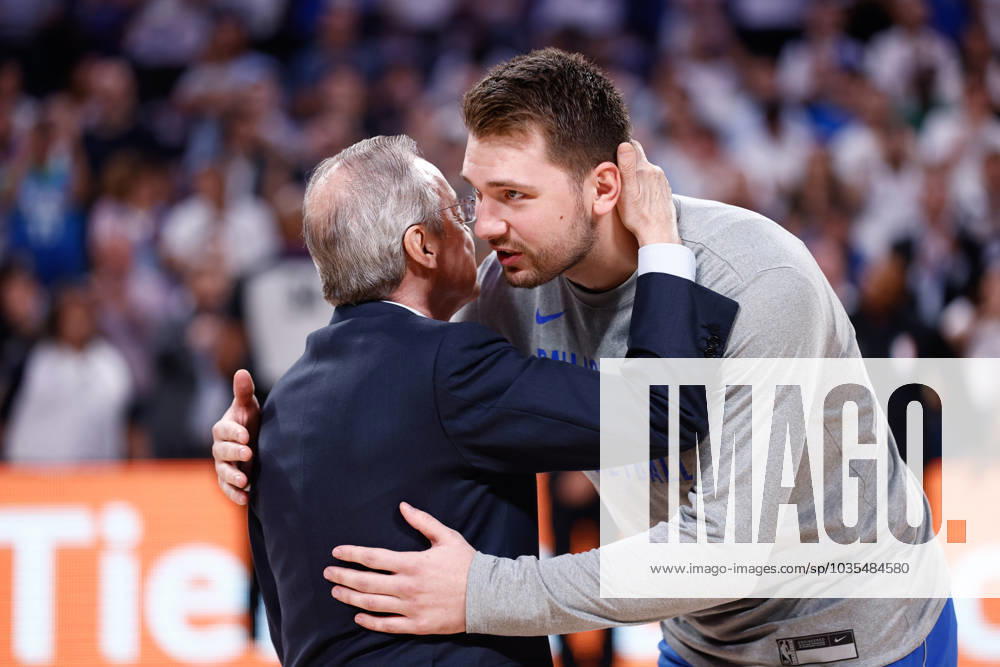 Florentino Perez, President of Real Madrid, gives a present to Luka Doncic of Dallas Mavericks during the basketball friendly match played between Real Madrid and Dallas Mavericks at Wizink Center pavilion on October 10, 2023, in Madrid, Spain. MADRID SPAIN - ZUMAa181 20231010_zaa_a181_039