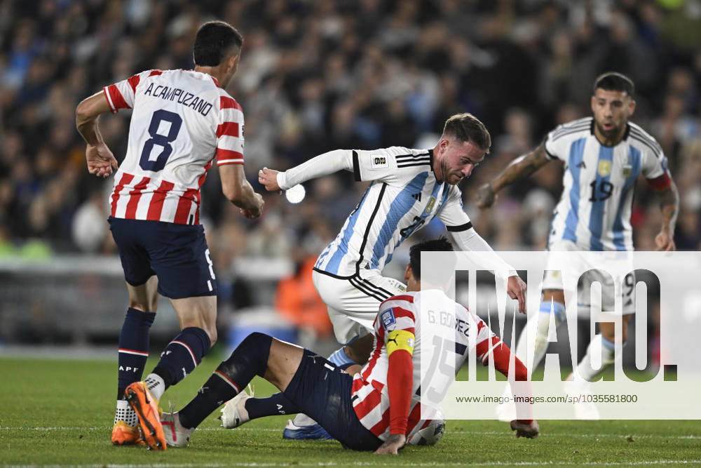 Alexis Mac Allister of Argentina, Liverpool FC and Gustavo Gomez of Paraguay in action during the FIFA World Cup, WM, Weltmeisterschaft, Fussball 2026 Qualifier match between Argentina and Paraguay at Estadio Mas Monumental Antonio Vespucio Liberti on October 12, 2023 in Buenos Aires, Arg Argentina v Paraguay : FIFA World Cup 2026 Qualifier match