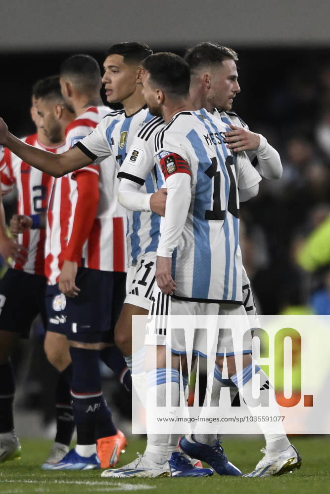 Lionel Messi and Alexis Mac Allister of Argentina celebrate during the FIFA World Cup, WM, Weltmeisterschaft, Fussball 2026 Qualifier match between Argentina and Paraguay at Estadio Mas Monumental Antonio Vespucio Liberti on October 12, 2023 in Buenos Aires, Arg Argentina v Paraguay : FIFA World Cup 2026 Qualifier match