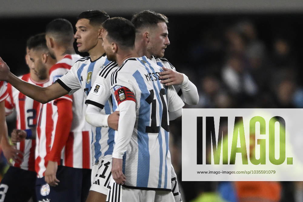 Lionel Messi and Alexis Mac Allister of Argentina celebrate during the FIFA World Cup, WM, Weltmeisterschaft, Fussball 2026 Qualifier match between Argentina and Paraguay at Estadio Mas Monumental Antonio Vespucio Liberti on October 12, 2023 in Buenos Aires, Arg Argentina v Paraguay : FIFA World Cup 2026 Qualifier match