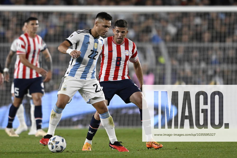 Lautaro Martinez, Alvaro Campuzano during the FIFA World Cup, WM, Weltmeisterschaft, Fussball 2026 Qualifier match between Argentina and Paraguay at Estadio Mas Monumental Antonio Vespucio Liberti on October 12, 2023 in Buenos Aires, Arg Argentina v Paraguay : FIFA World Cup 2026 Qualifier match
