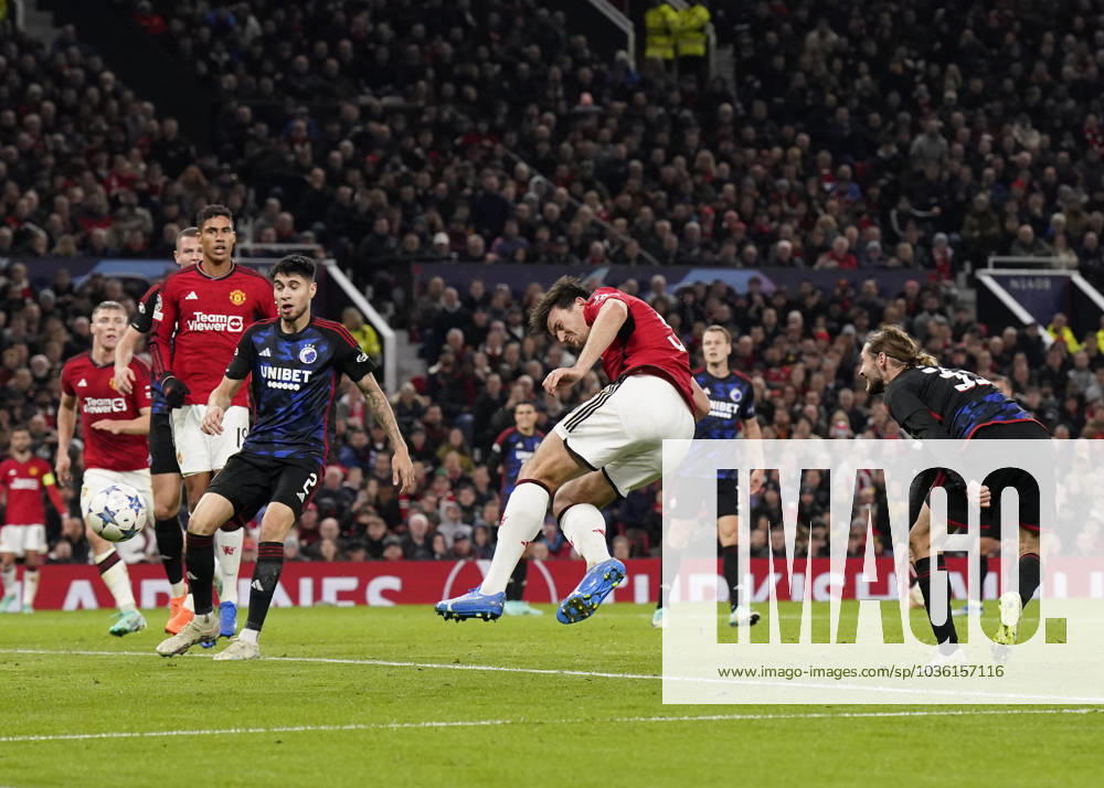 Manchester, England, 24th October 2023. Harry Maguire of Manchester United, ManU scores the first goal during the UEFA Champions League match at Old Trafford, Manchester. Picture credit should read: Andrew Yates Sportimage . SPI-2672-0081