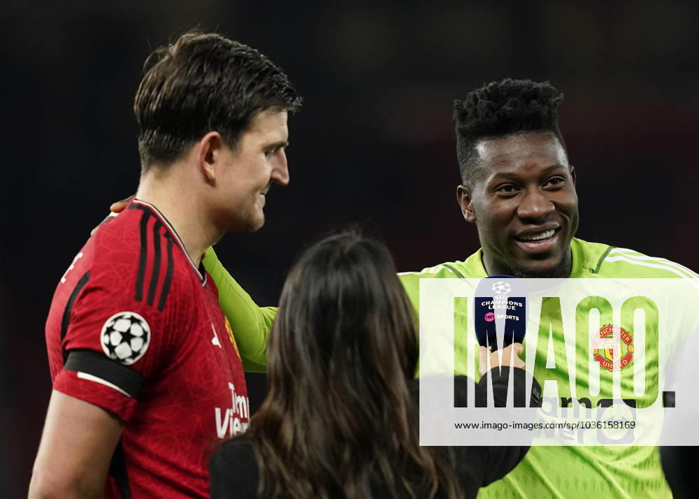 Manchester, England, 24th October 2023. Harry Maguire of Manchester United, ManU and Andrà Onana of Manchester United are interviewed at the end of the game during the UEFA Champions League match at Old Trafford, Manchester. Picture credit should read: Andrew Yates Sportimage . SPI-2672-0093