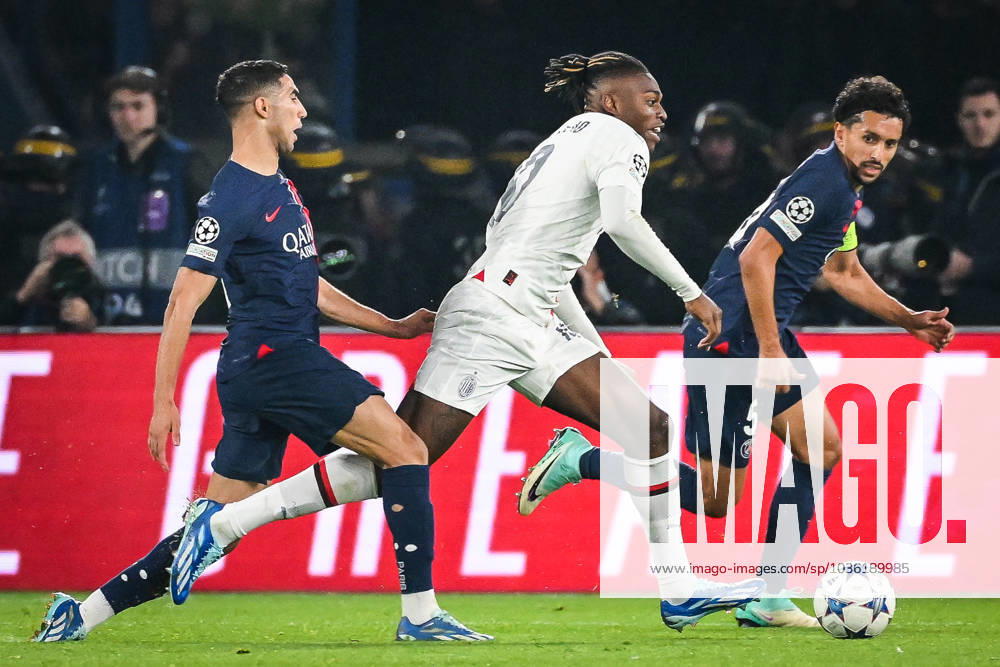 Achraf HAKIMI of PSG, Rafael LEAO of AC Milan and MARQUINHOS of PSG during the UEFA Champions League group F match between Paris Saint-Germain and AC Milan at Parc des Princes Stadium on October 25, 2023 in Paris, France. Paris France - ZUMAm308 20231025_zsp_m308_002