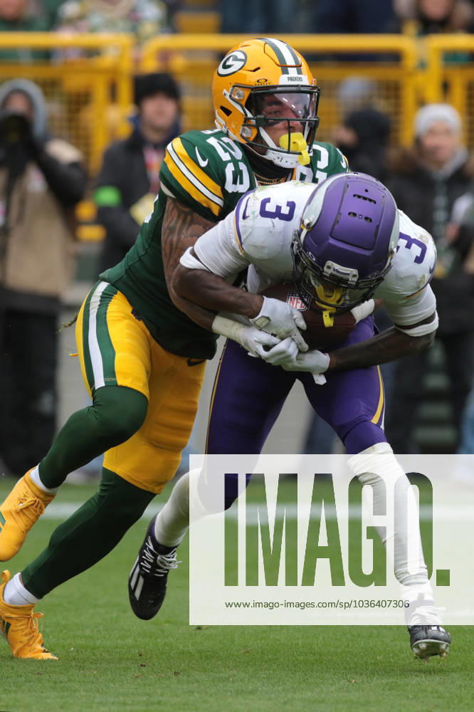 GREEN BAY, WI - OCTOBER 29: Green Bay Packers cornerback Jaire Alexander (23) tackles Minnesota Vikings wide receiver Jordan Addison (3) during a game between the Green Bay Packers and the Minnesota Vikings on October 29, 2023 at Lambeau Field, in Green Bay, WI. (Photo by Larry Radloff Icon Sportswire) NFL, American Football Herren, USA OCT 29 Vikings at Packers Icon2310291382