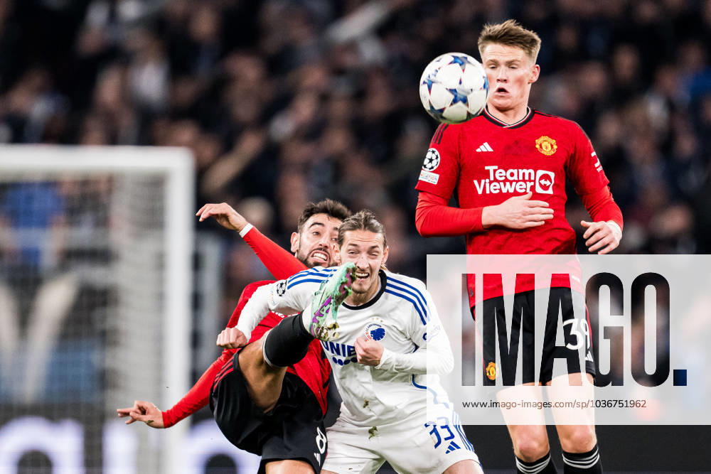Bruno Fernandes of Manchester United, ManU and Rasmus Falk of FC Copenhagen and Scott McTominay of Manchester United during the UEFA Champions League football match between FC Copenhagen and Manchester United on November 8, 2023 in Copenhagen. Photo: Petter Arvidson BILDBYRAN kod PA PA0685 fotboll football soccer fotball champions league fc copenhagen manchester united bbeng
