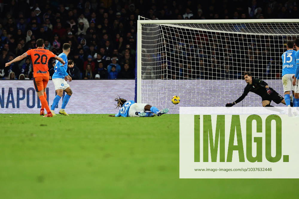 Hakan Calhanoglu of FC Internazionale scores the goal of 0-1 during the Serie A football match between SSC Napoli and FC Internazionale at Diego Armando Maradona stadium in Naples (Italy), December 3rd, 2023. cesarexpurini