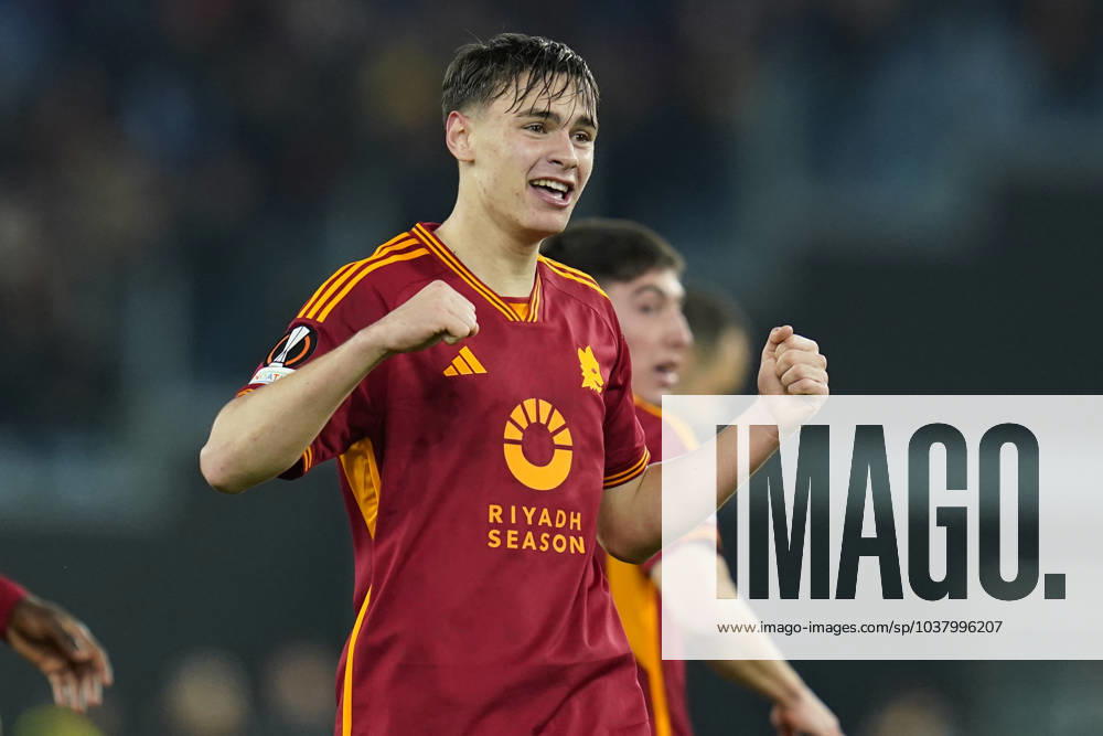 Niccolo Pisilli of AS Roma celebrates after scoring during the UEFA Europa League match between AS Roma and FC Sheriff Tiraspol at Stadio Olimpico Rome Italy on 14 December 2023. Rome Stadio Olimpico Rome Italy