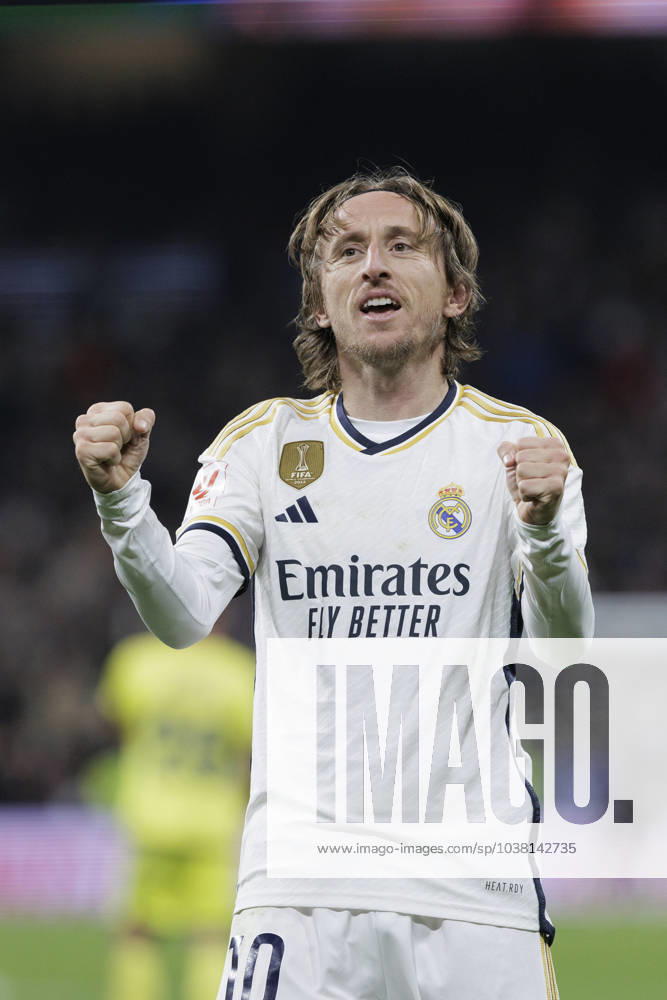 LA LIGA EA Sports - Real Madrid vs Villarreal Luka Modric of Real Madrid is celebrating a goal during the La Liga 2023 24 match between Real Madrid and Villarreal at Santiago Bernabeu Stadium in Madrid, Spain, on December 17, 2023. Madrid Spain